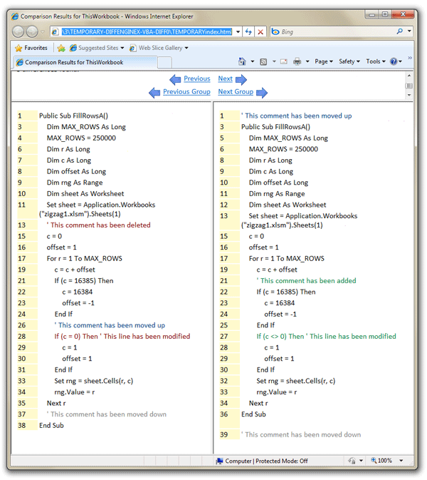 Diff Excel VBA